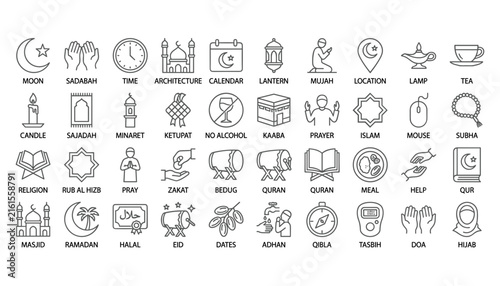 islamic outline icon set featuring ramadan mosque quran kaaba prayer mat and halal culture line symbols