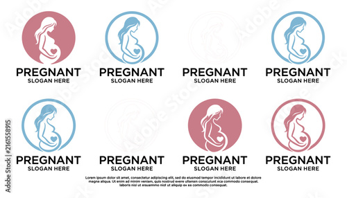 pregnant woman circular logo set featuring mother silhouette holding belly with heart symbol for maternity care