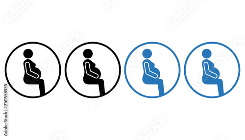 pregnant woman priority seat circular icon set featuring sitting pregnant female silhouettes in black and blue