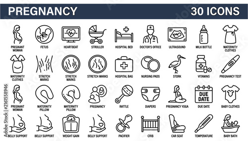 pregnancy line icon set featuring maternity care ultrasound newborn baby accessories and medical checkup symbols