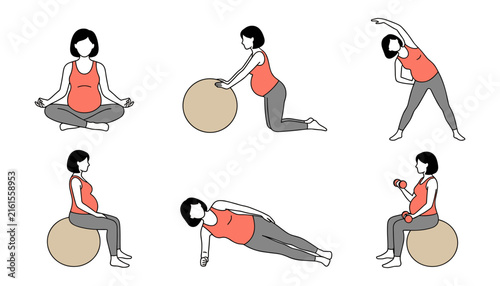 prenatal exercise line icon set featuring pregnant woman doing yoga stretching side plank and fitball workout illustrations