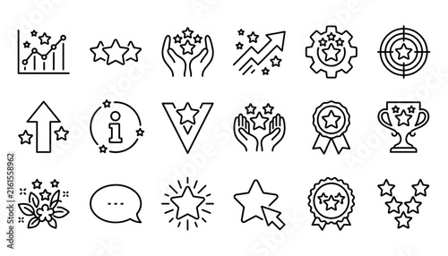 star rating and success line icon set featuring business growth trophy award medal evaluation and target symbols