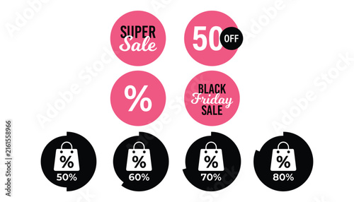promotional discount sale sticker set featuring percentage off black friday offer tags and shopping bag badge elements