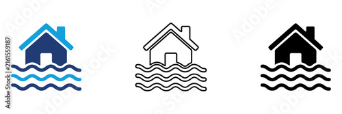 Multicolor Flooded House Icon Set with Filled and Outline Styles for Flood Risk Water Damage Disaster Protection Insurance and Emergency Management Isolated on Transparent Background