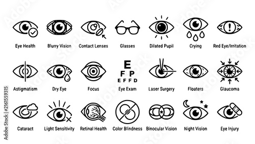 Photography Various eye conditions and vision problems illustrated as simple black icons