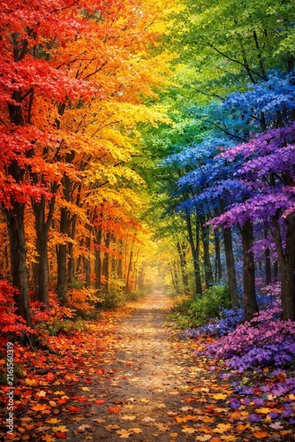 Rainbow colored forest path through an enchanted woodland