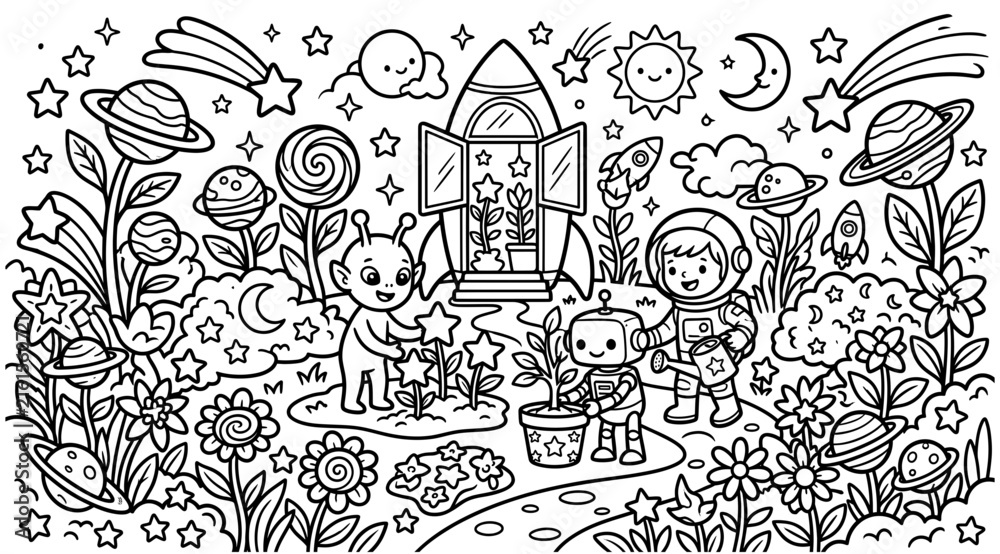 Fototapeta premium Cute space coloring page for kids with an astronaut, alien, and robot gardening in a whimsical cosmic landscape with planets, stars, and flowers