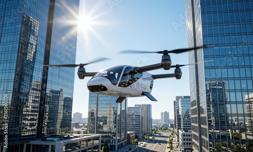 A sleek VTOL air taxi soars above a bustling cityscape, showcasing its eVTOL capabilities. This modern vehicle represents the future of urban transport and mobility.