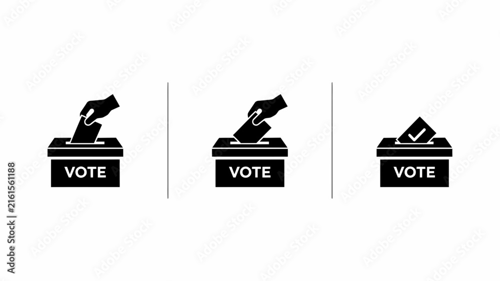 Fototapeta premium Three black silhouette icons depict a hand dropping a ballot into a voting box with the word vote