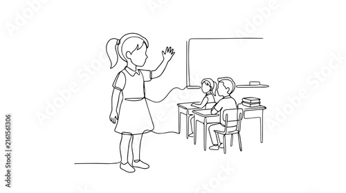 Girl waving at classmates continuous line drawing. Student greeting friends in classroom. Minimalist vector illustration