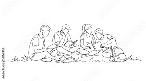 Continuous line drawing of a group of teens studying on grass. Education and teamwork concept vector illustration. Minimalist single line art isolated on white background