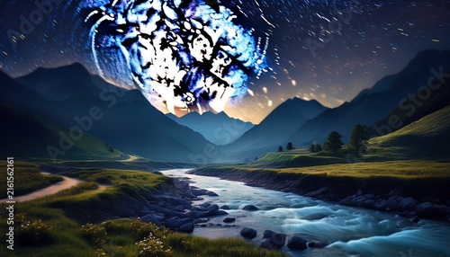 starry night over a winding river in a mountain valley