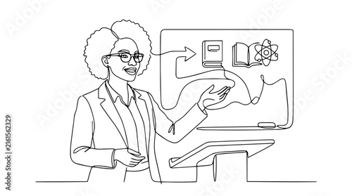 Female professor giving a lecture at a podium. Continuous line art vector illustration. Education and teaching concept