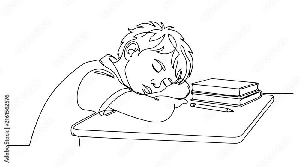 Obraz premium Continuous line drawing of a tired student sleeping on a desk. Minimalist vector illustration of a child resting during study