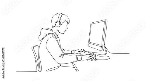 Continuous line drawing of a teenage boy using a computer with headphones. Minimalist vector illustration of coding and e-learning concept