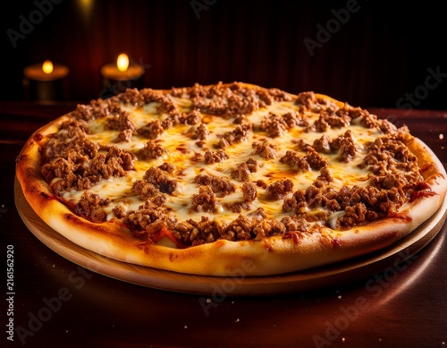 a large pizza topped with ground meat and melted cheese ready to be served