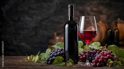 Luxury Red Wine Bottle and Glass with Grapes for National Red Wine Day