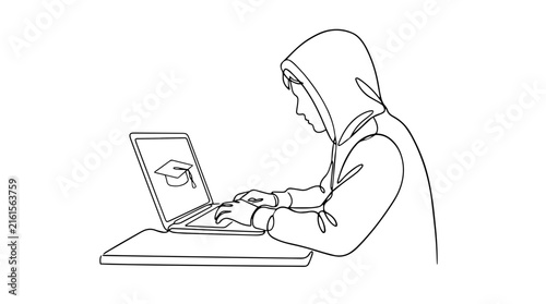 Young coder in hoodie using laptop. Online education and e-learning concept. Continuous line art vector illustration