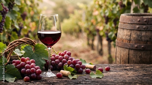 Premium Red Wine Glass with Fresh Grapes and Vine Leaves on Rustic Table