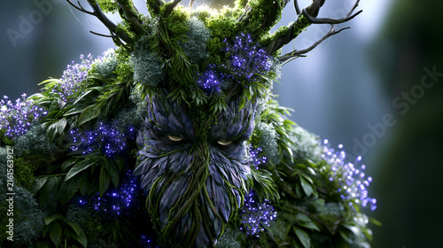 Mystisches Waldwesen aus Blättern und violetten Blüten blickt geheimnisvoll