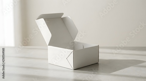 An open white cardboard box standing on a light colored surface