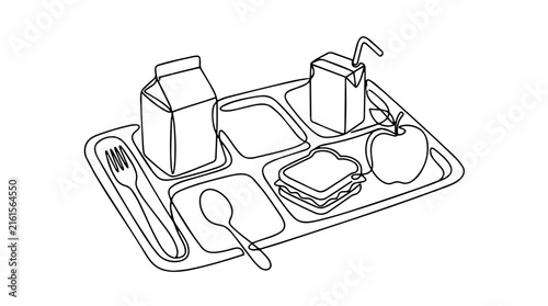 School lunch tray with sandwich apple and milk. Cafeteria meal concept. Continuous line art vector illustration