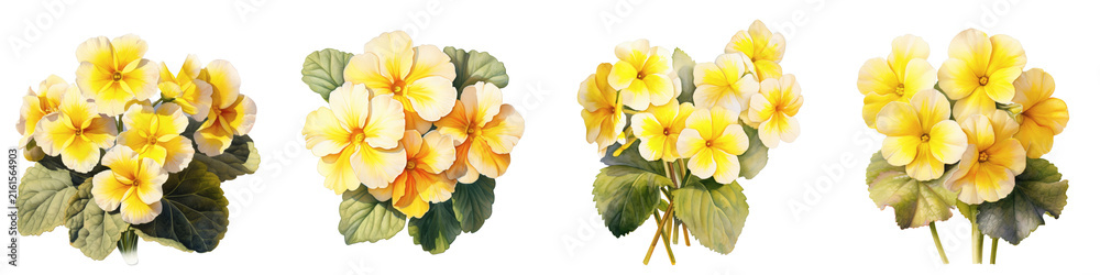 Fototapeta premium Group of primrose flowers is depicted against a black background in a painting style