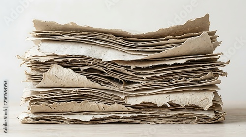 A stack of old torn paper sheets with rough edges piled up in a messy organic heap