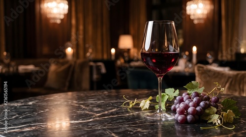 Elegant Red Wine Glass with Grapes on Luxury Table for National Red Wine Day