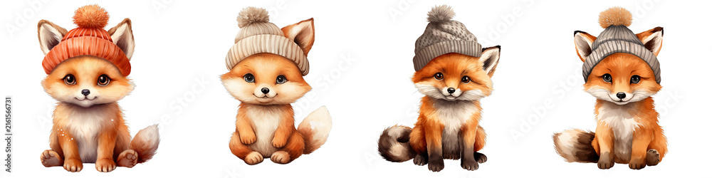 Naklejka premium Adorable fox kits in winter hats sit against a black backdrop, a cute wildlife scene