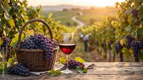 Fresh Red Wine Grapes and Glass of Wine During Vineyard Harvest Season