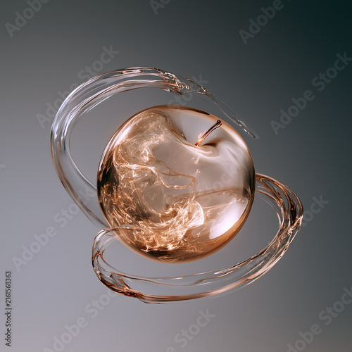 Norse myth golden apple of discord abstract light effect, floating golden apple light mass, three pulling colored light bands, female silhouettes, temptation and conflict asset for poster, packaging, 
