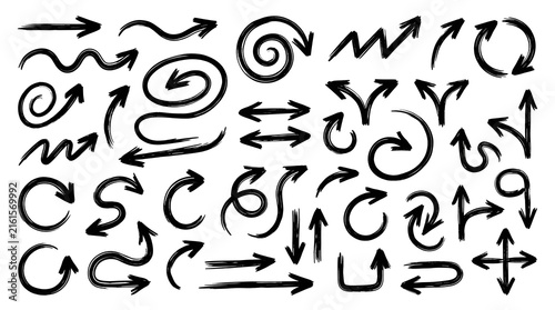 Collection of hand drawn black arrows and doodle pointers isolated on a white background for design projects and presentation elements