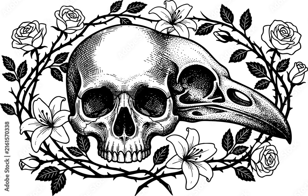 Fototapeta premium Human and bird skull illustration with roses and lilies wreath