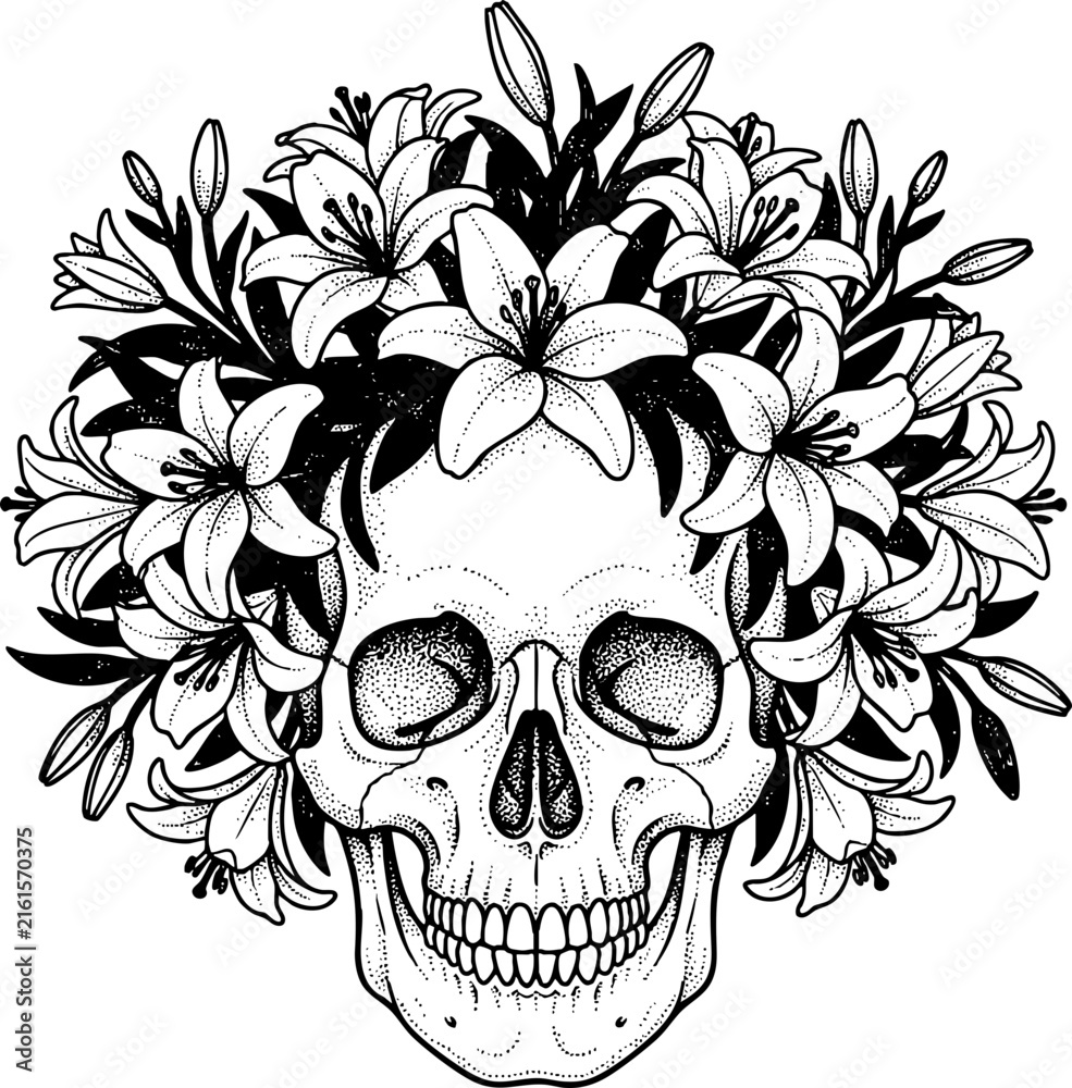Fototapeta premium Human Skull with Lily Flower Crown Engraving Illustration