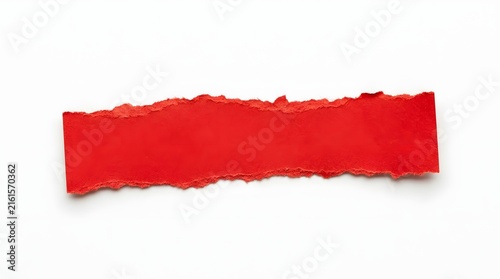A single piece of bright red torn paper strip with rough ragged edges isolated on a plain white background for design and creative text message labels