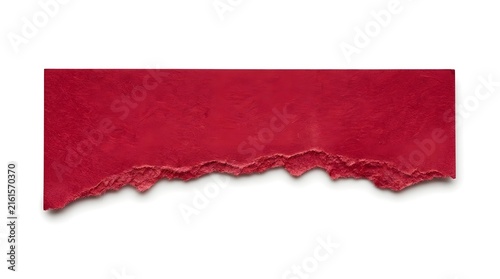 A single piece of bright red torn paper strip with a rough jagged edge isolated on a white background