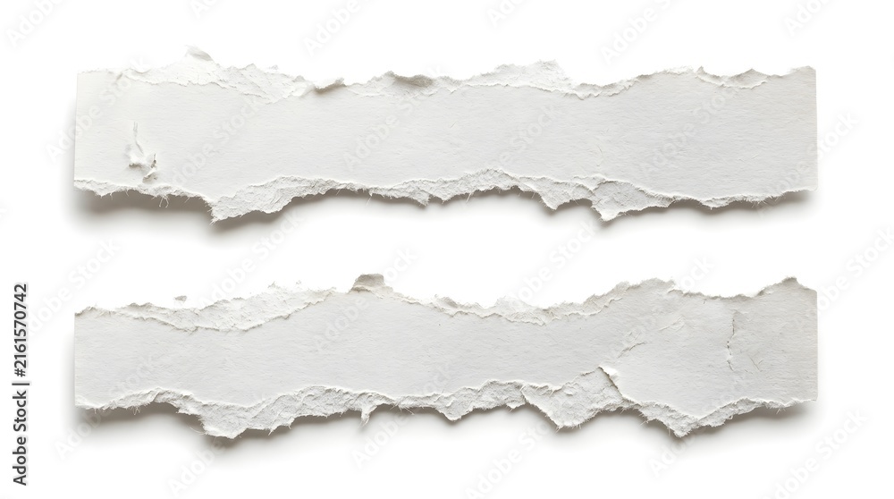 Fototapeta premium Two horizontal strips of torn white paper with ragged edges isolated on a white background