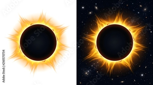 Total solar eclipse with bright glowing corona light rays in space isolated on a white background