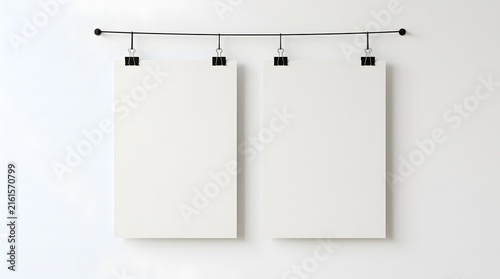 Two vertical blank white paper posters hanging from a black metal wire with binder clips against a clean wall for professional design mockup display