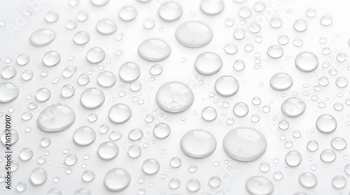 Clear water drops on a clean white surface creating a fresh and abstract background pattern for various graphic design and artistic projects