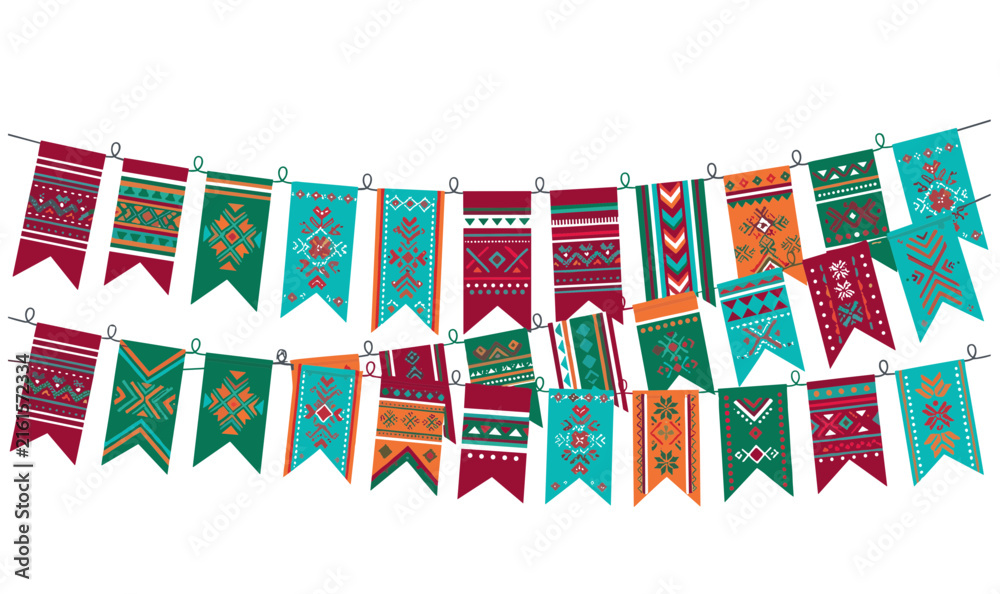 Fototapeta premium Ethnic Tribal Pattern Bunting Garland Vector Set with Geometric Aztec Aztec Pennant Flags for Folk Festivals, Fiesta Celebrations, and Bohemian Pattern Invitation Background Designs