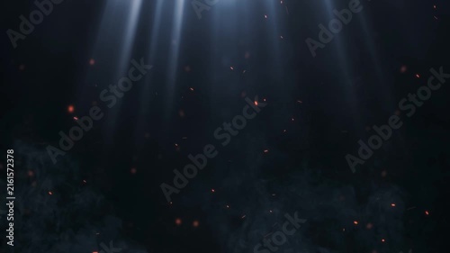 Dramatic Light Rays Through Fog with Glowing Fire Embers Overlay | Cinematic Dark Volumetric Spotlight Background 4K
