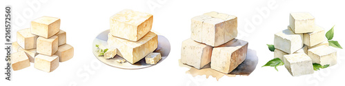 Stacks of tofu cubes in various arrangements with herbs against a black background