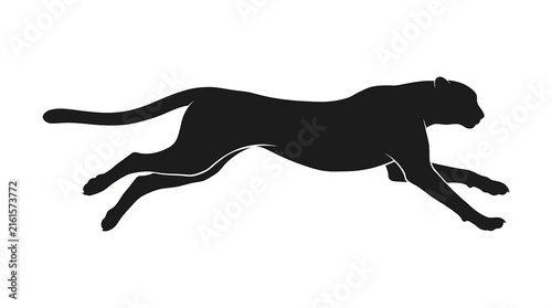 Minimalist black silhouette vector graphic featuring a powerful cheetah in a dynamic full sprint motion with plain white background cheetah captured fast