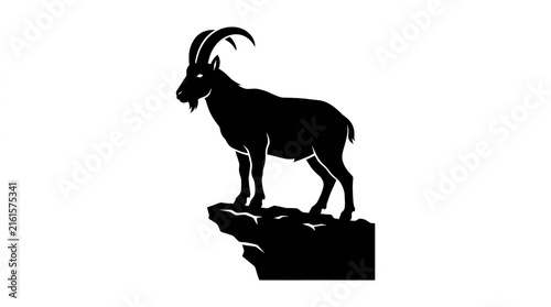 Minimalist black silhouette featuring majestic ibex standing upon rocky mountain ledge isolated white background graphic design with mountain goat prominent