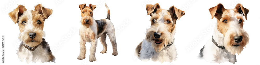 Naklejka premium Portraits of wire fox terriers showcase the unique markings and expressive faces of the breed on black background