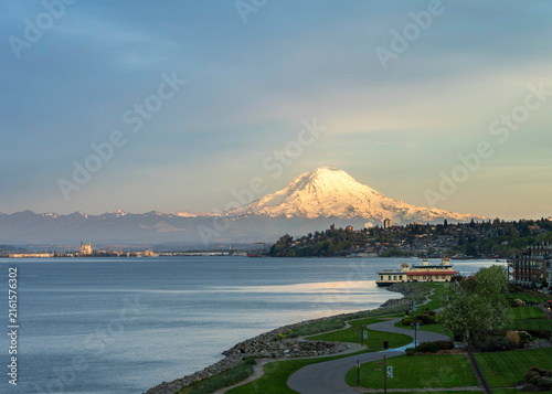 Dusk on Puget Sound in Washington State with Mt. Rainier 