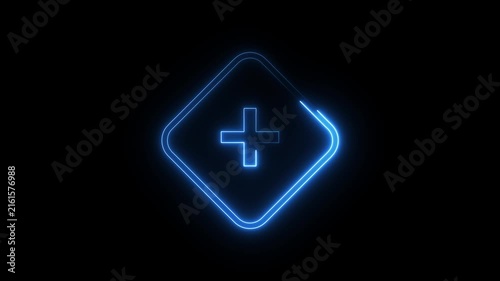 Glowing blue neon plus sign icon in square frame over black background for medical motion.