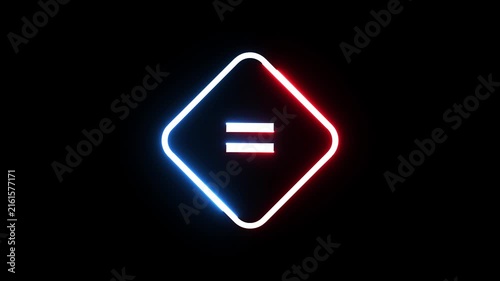 Neon equal sign flickering inside glowing rounded diamond frame on dark black background.